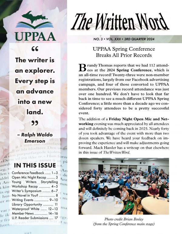 UPPAA This is a newsletter titled "The Written Word" by UPAA featuring the headline "UPPAA Spring Conference Breaks All Prior Records." It includes articles on conference feedback, new members, and upcoming author readings. A quote by Ralph Waldo Emerson is at the top left.